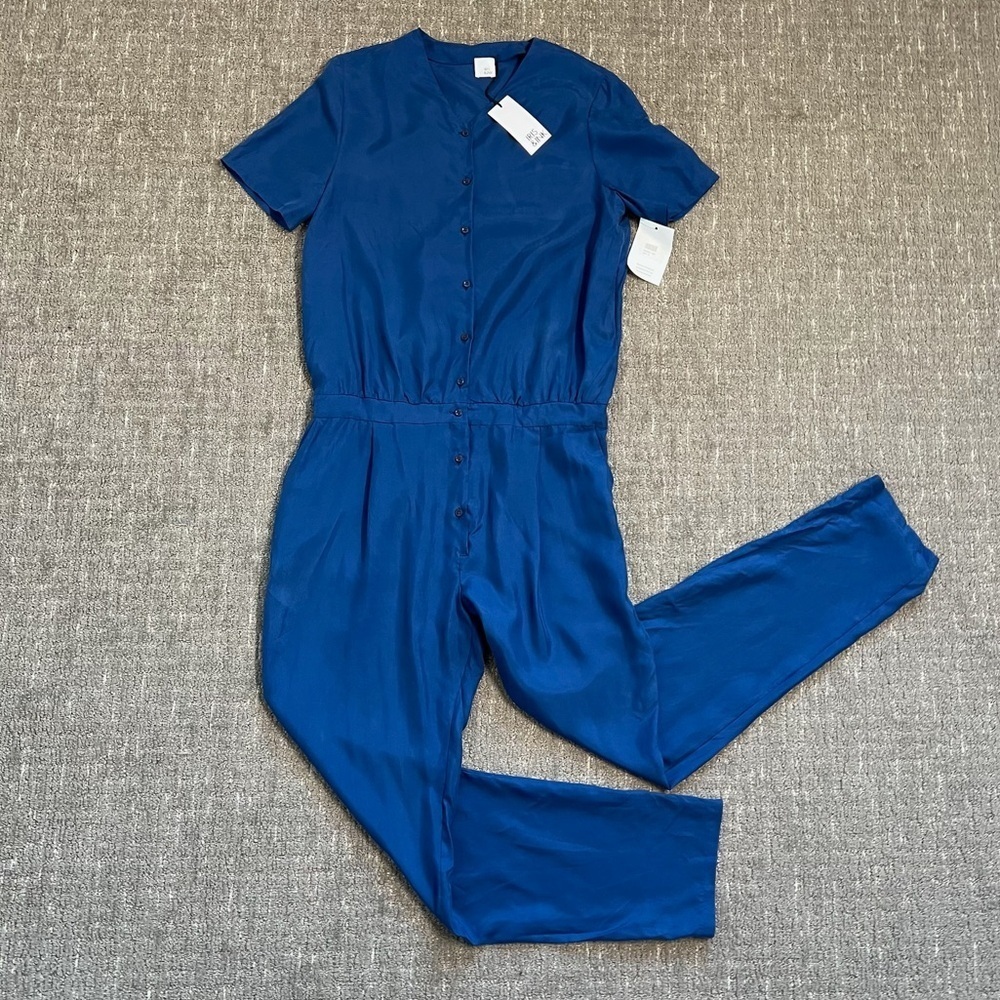 NWT Iris & Ink Silk Jumpsuit Blue Short Sleeve Button Front Coveralls Size 14
